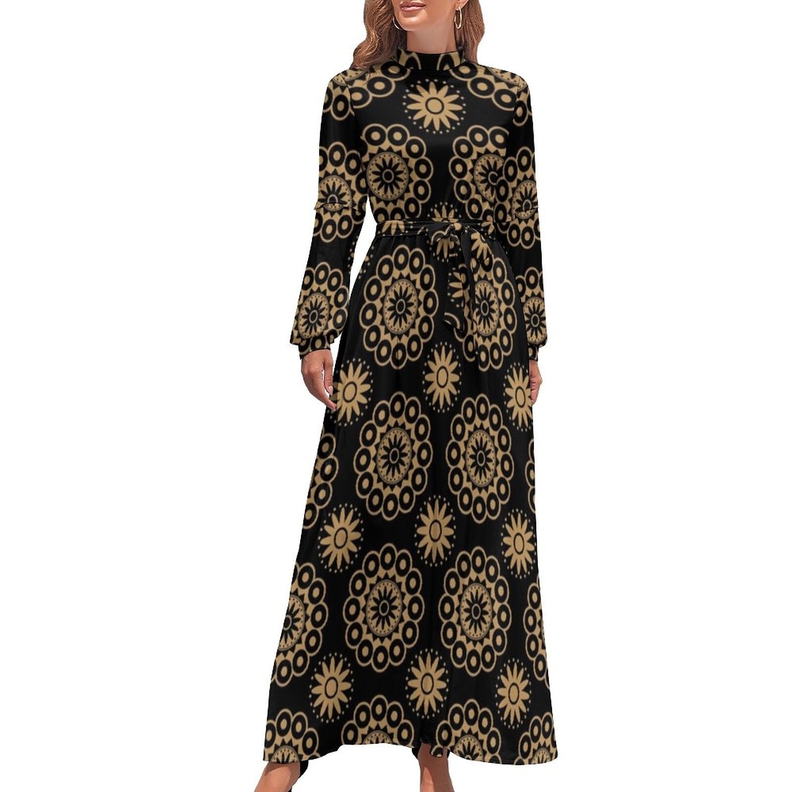 Ethnic Bohemia Dress Retro Floral Print Basic Beach Dresses Female Long Sleeve High Neck Elegant Long Maxi Dress