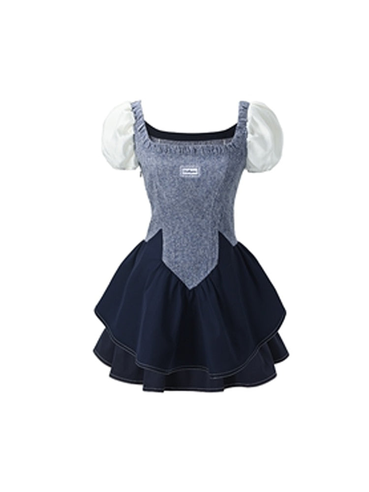 Elegant Sweet Dress Women Vintage Patchwork Party Mini Dresses Female Korean Fashion Holiday Square Collar Casual Dress Summer