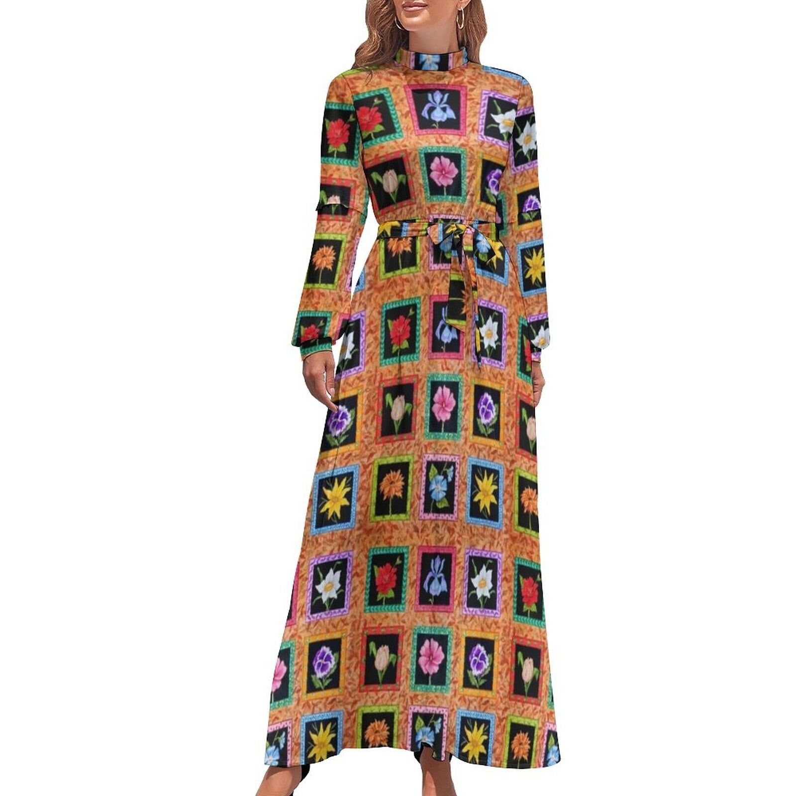 Ethnic Bohemia Dress Retro Floral Print Basic Beach Dresses Female Long Sleeve High Neck Elegant Long Maxi Dress
