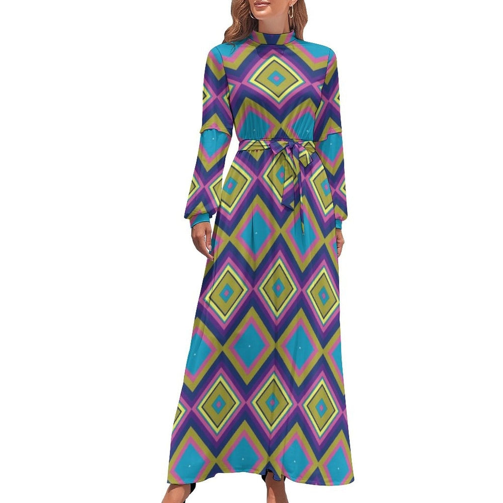 Ethnic Bohemia Dress Retro Floral Print Basic Beach Dresses Female Long Sleeve High Neck Elegant Long Maxi Dress