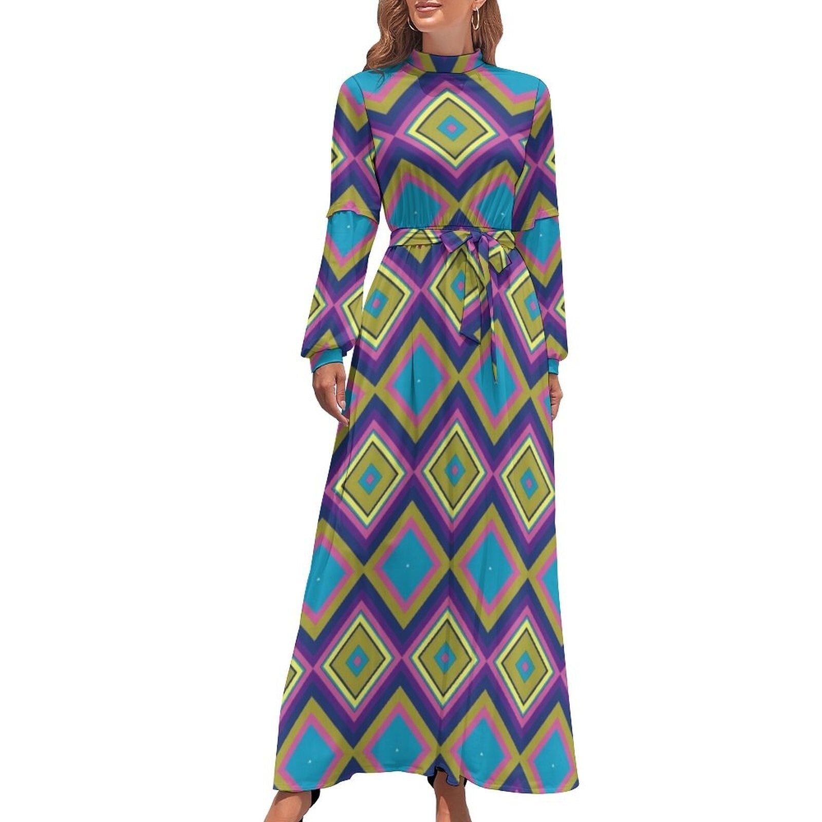 Ethnic Bohemia Dress Retro Floral Print Basic Beach Dresses Female Long Sleeve High Neck Elegant Long Maxi Dress