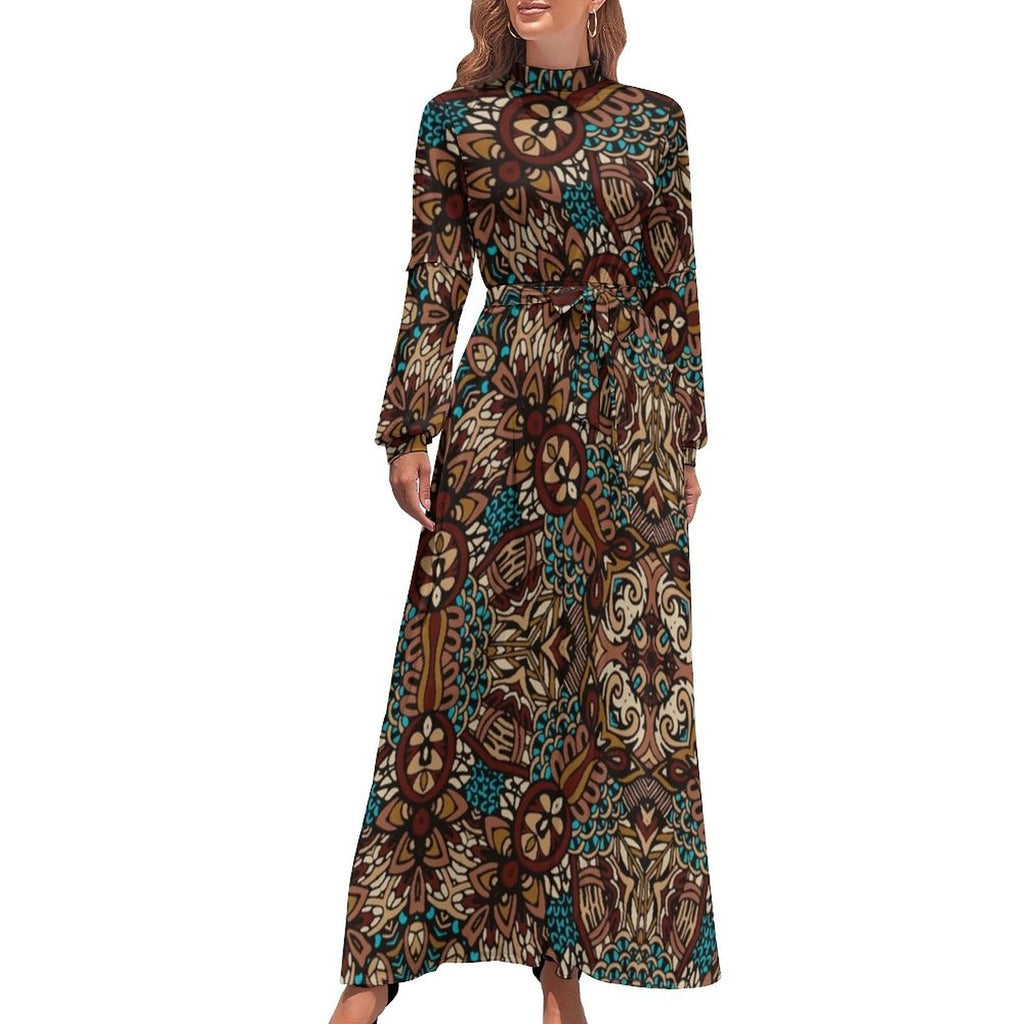 Ethnic Bohemia Dress Retro Floral Print Basic Beach Dresses Female Long Sleeve High Neck Elegant Long Maxi Dress