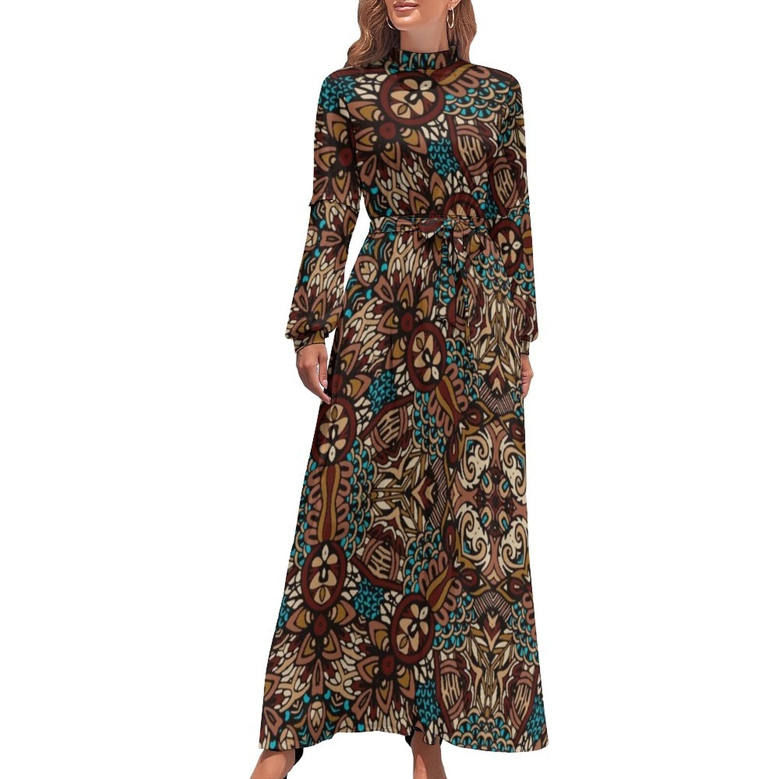 Ethnic Bohemia Dress Retro Floral Print Basic Beach Dresses Female Long Sleeve High Neck Elegant Long Maxi Dress