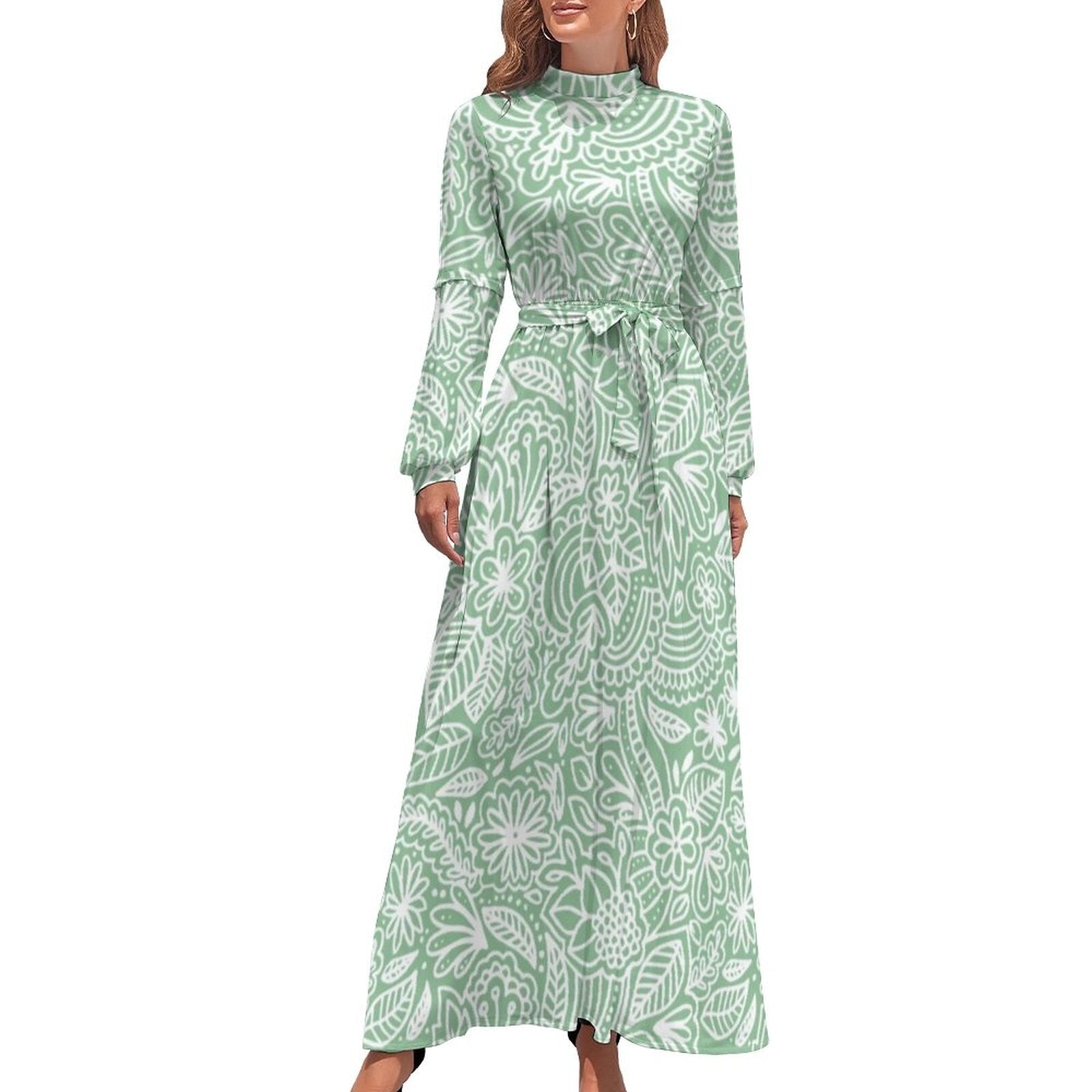 Ethnic Bohemia Dress Retro Floral Print Basic Beach Dresses Female Long Sleeve High Neck Elegant Long Maxi Dress