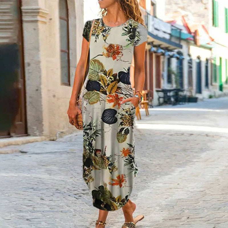 Elegant Women Maxi Dress 2023 Summer O Neck Short Sleeve Sundress Office Lady Party Dress Female Print A-Line Long Dress Vestido