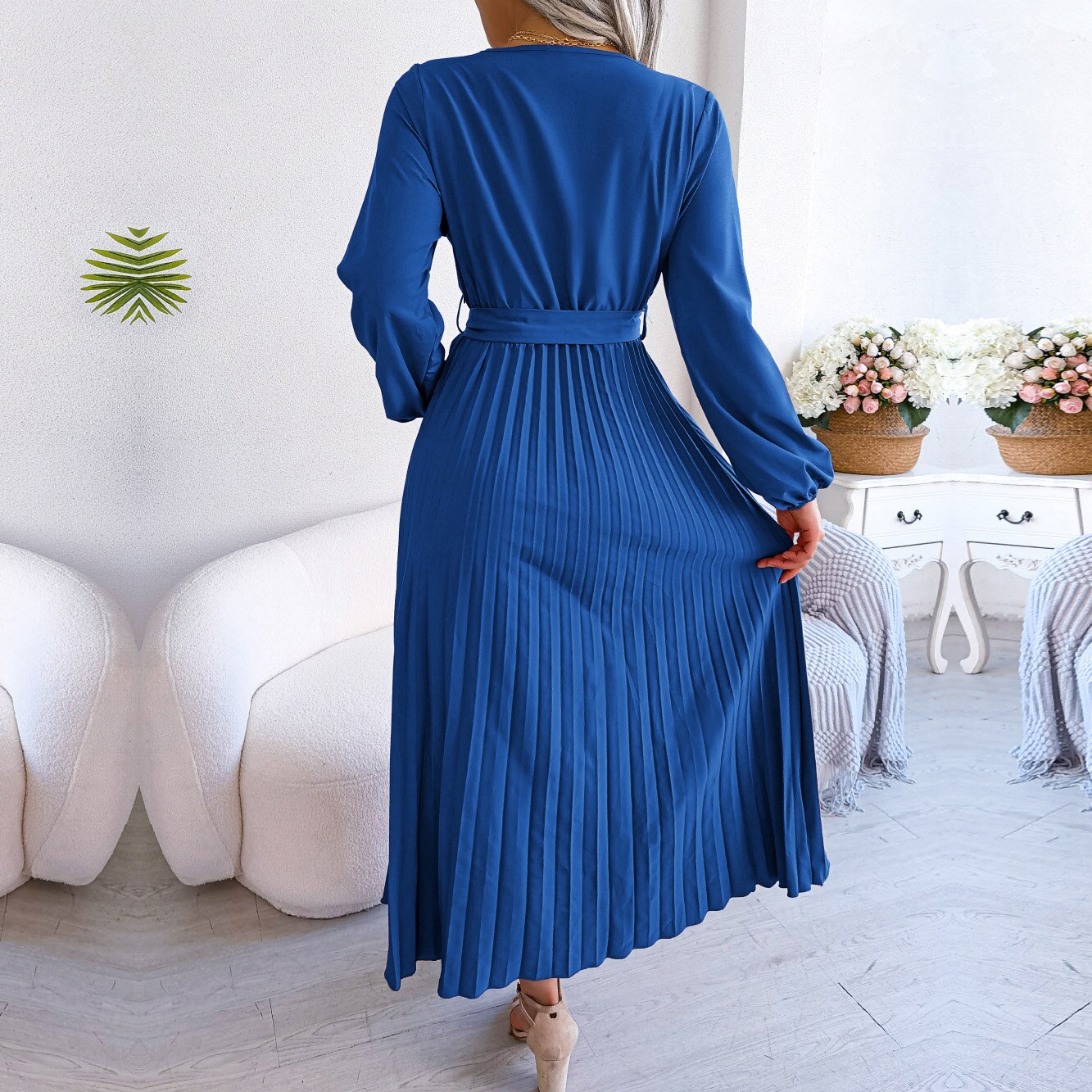 F 2023 New Women Spring Summer Temperament Cross Solid Color V Neck Large Hem Pleated Long Dress For Fashion