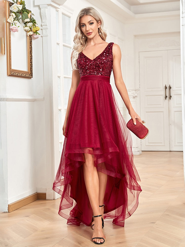 Elegant V-Neck Sleeveless Sequin Floor Length Evening Dress Red Prom Party Luxury Cocktail Dress Robe For Women
