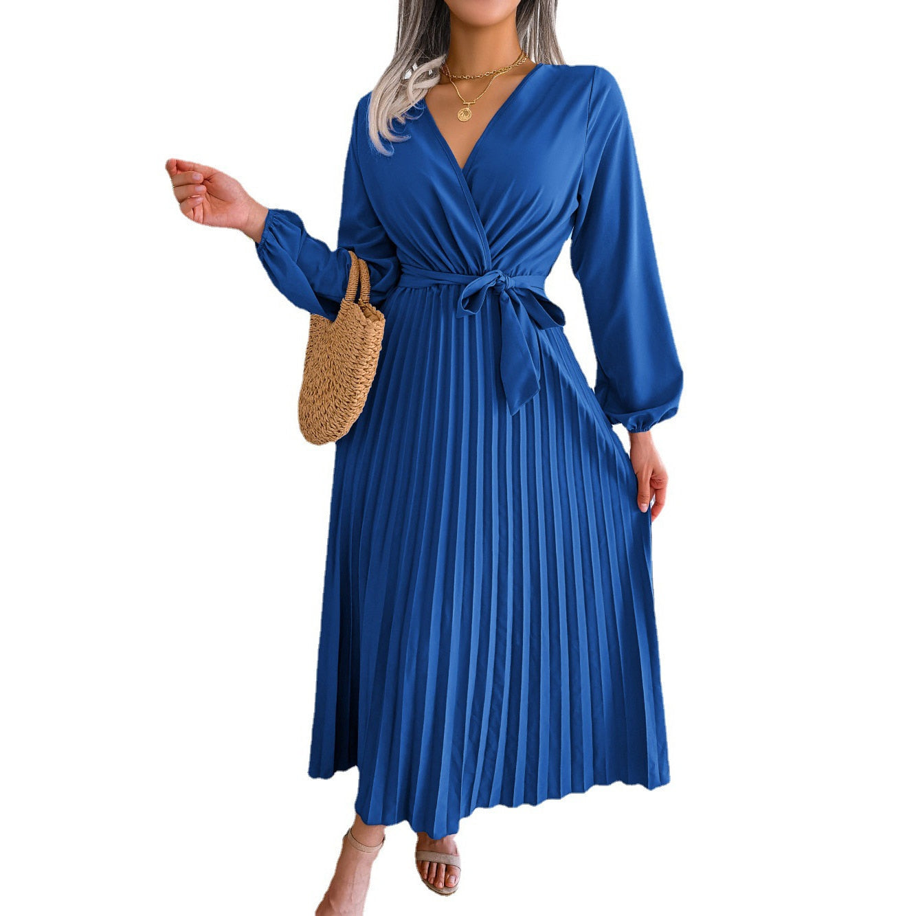 F 2023 New Women Spring Summer Temperament Cross Solid Color V Neck Large Hem Pleated Long Dress For Fashion