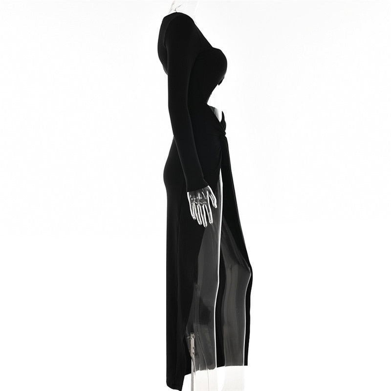 Fall Party Dresses For Women Sexy Hollow Out High Split Maxi Dress For Women Robe Autumn Full Sleeve Ruched Club Party Long Dress Vestido