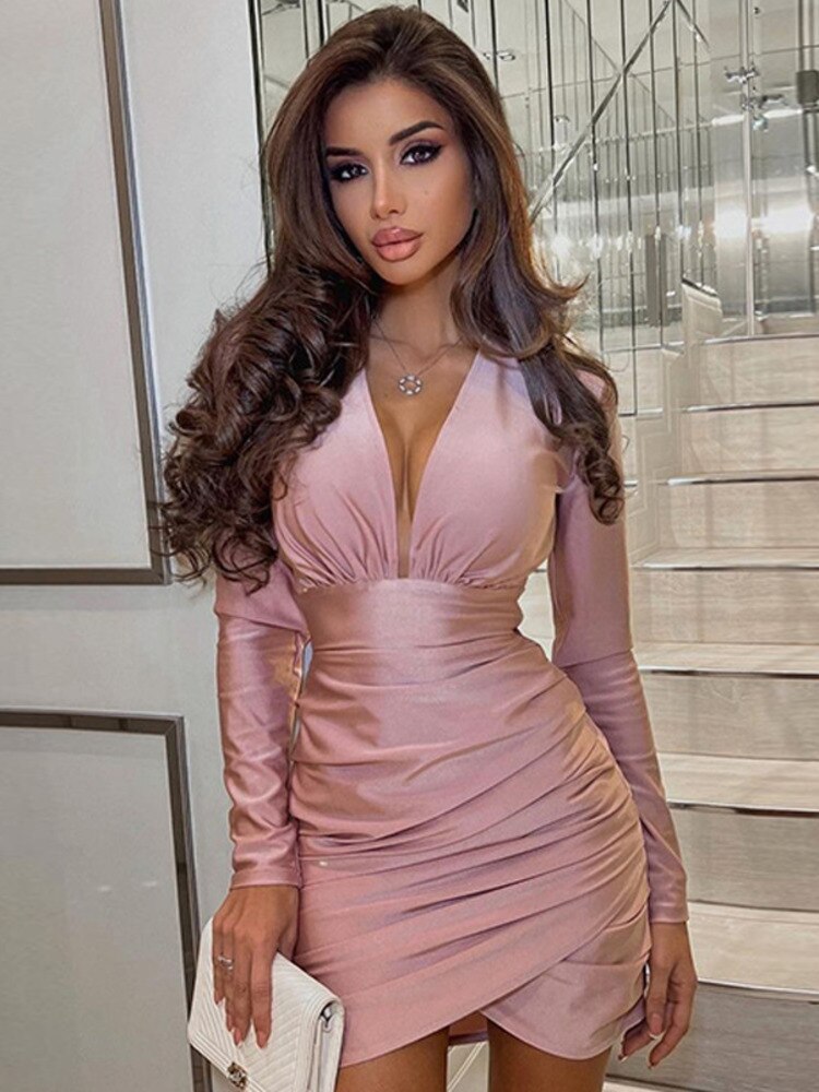 Elegant V Neck Long Sleeves Shoulder Pads Mini Dreee Autumn Sheath Sexy Ruched Dress Slim Fit Bodycon Dresses Vestido
