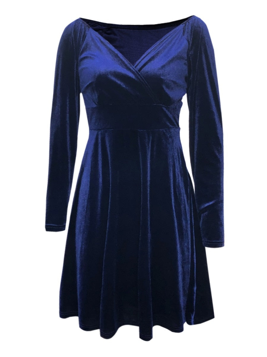 Elegant Velvet V Neck Plain A Line Flare Dress Long Sleeve Surplice Neck Nipped Waist Medium Stretch Mini Wrap Skirt