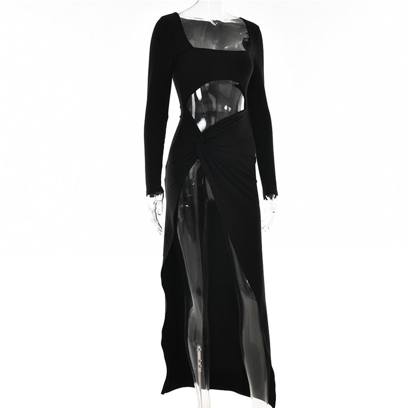 Fall Party Dresses For Women Sexy Hollow Out High Split Maxi Dress For Women Robe Autumn Full Sleeve Ruched Club Party Long Dress Vestido
