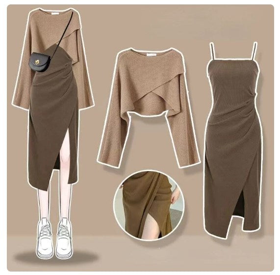 Elegant Two-piece Dress Set, Textured Crop Top & Plaid Aline Swing Dress Outfits, Women's Clothing