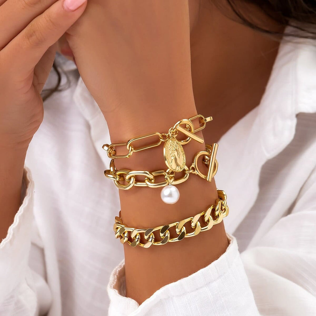 Trendy 3 Pieces Toggle Clasp Round Disk Pearl Charm Bracelet Set