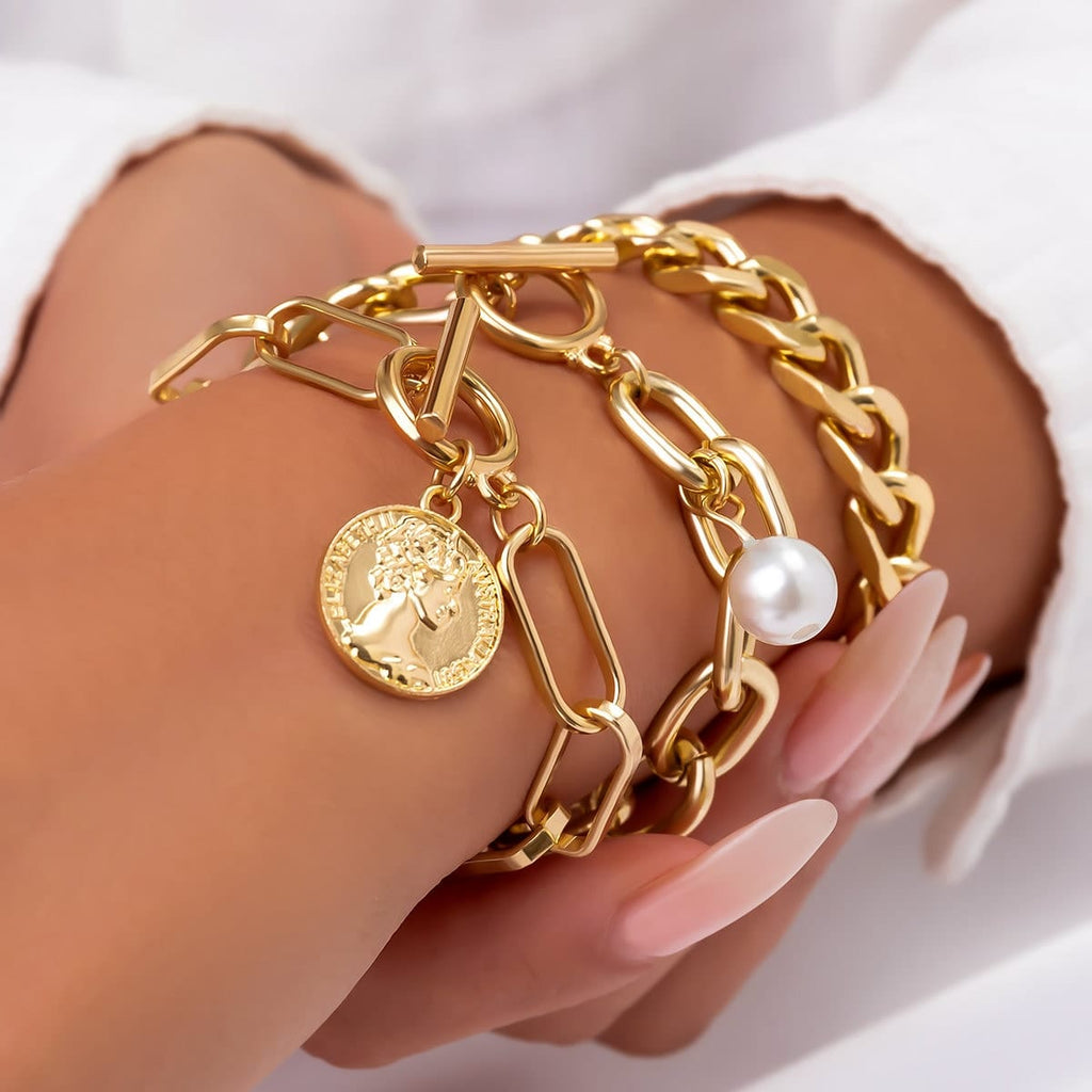 Trendy 3 Pieces Toggle Clasp Round Disk Pearl Charm Bracelet Set