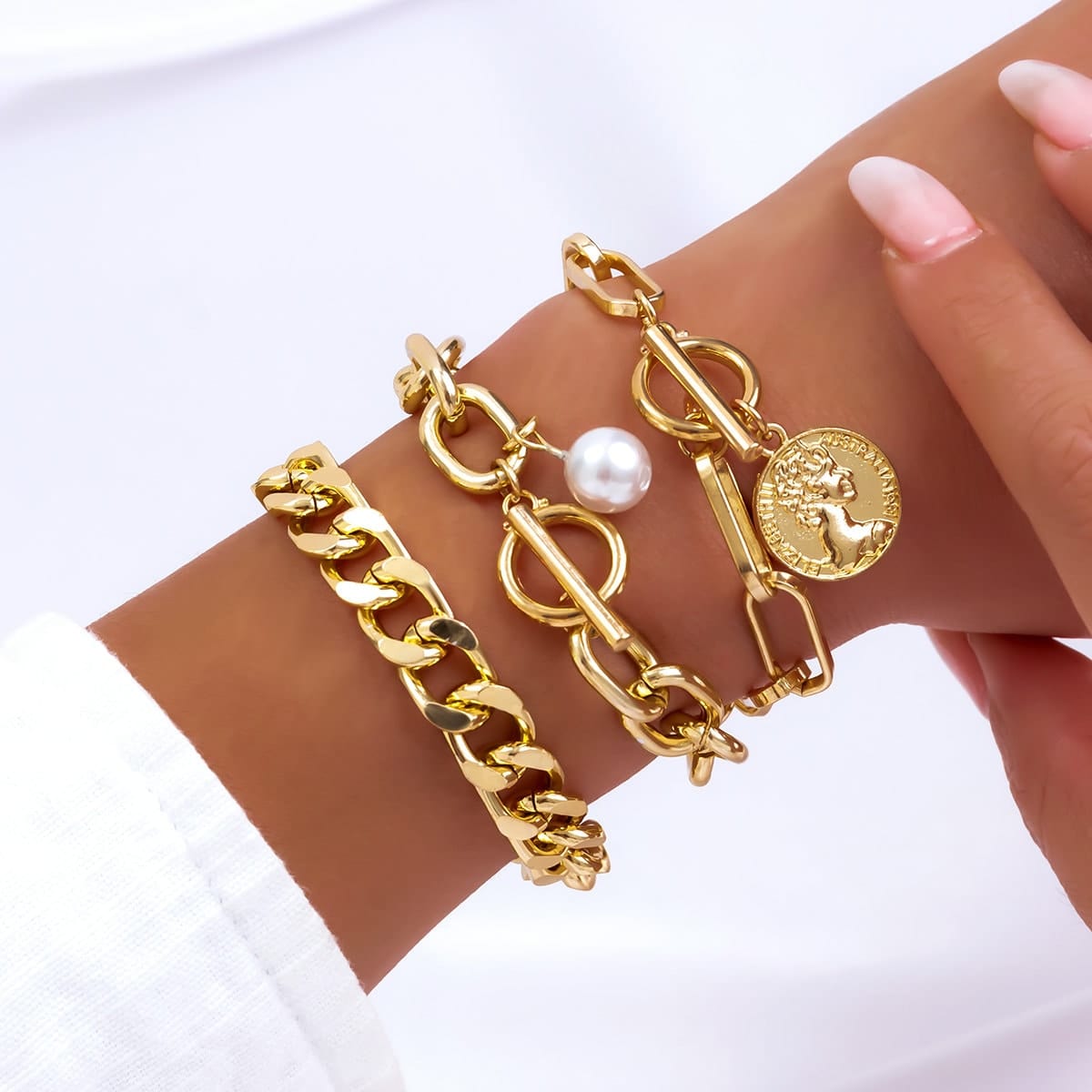 Trendy 3 Pieces Toggle Clasp Round Disk Pearl Charm Bracelet Set
