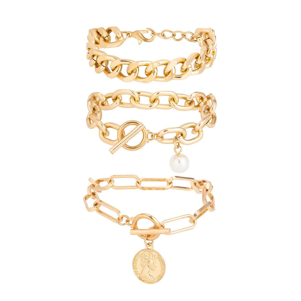 Trendy 3 Pieces Toggle Clasp Round Disk Pearl Charm Bracelet Set