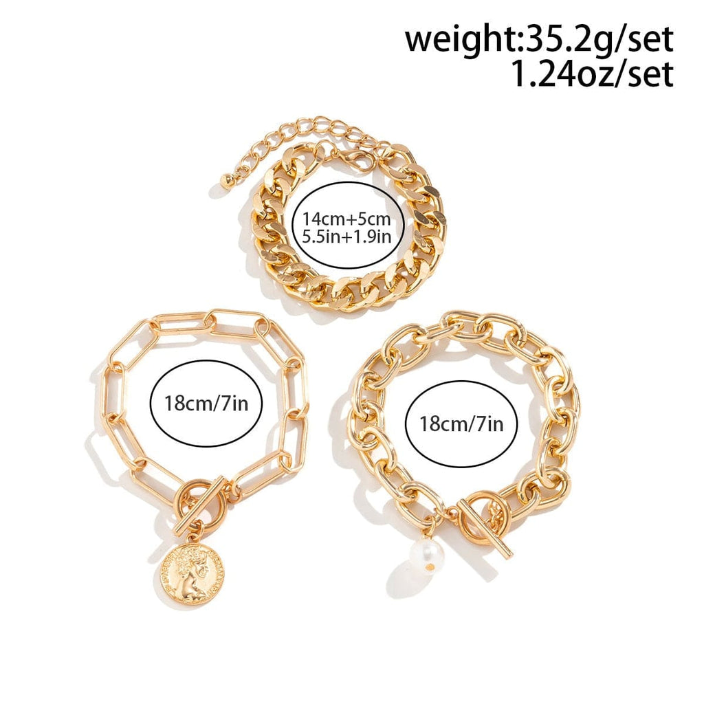 Trendy 3 Pieces Toggle Clasp Round Disk Pearl Charm Bracelet Set