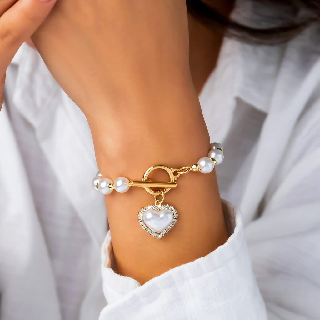 Trendy CZ Inlaid Heart Charm Toggle Clasp Pearl Chain Bracelet