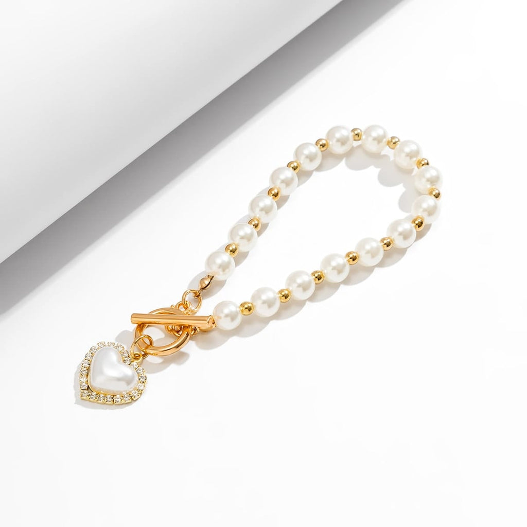 Trendy CZ Inlaid Heart Charm Toggle Clasp Pearl Chain Bracelet