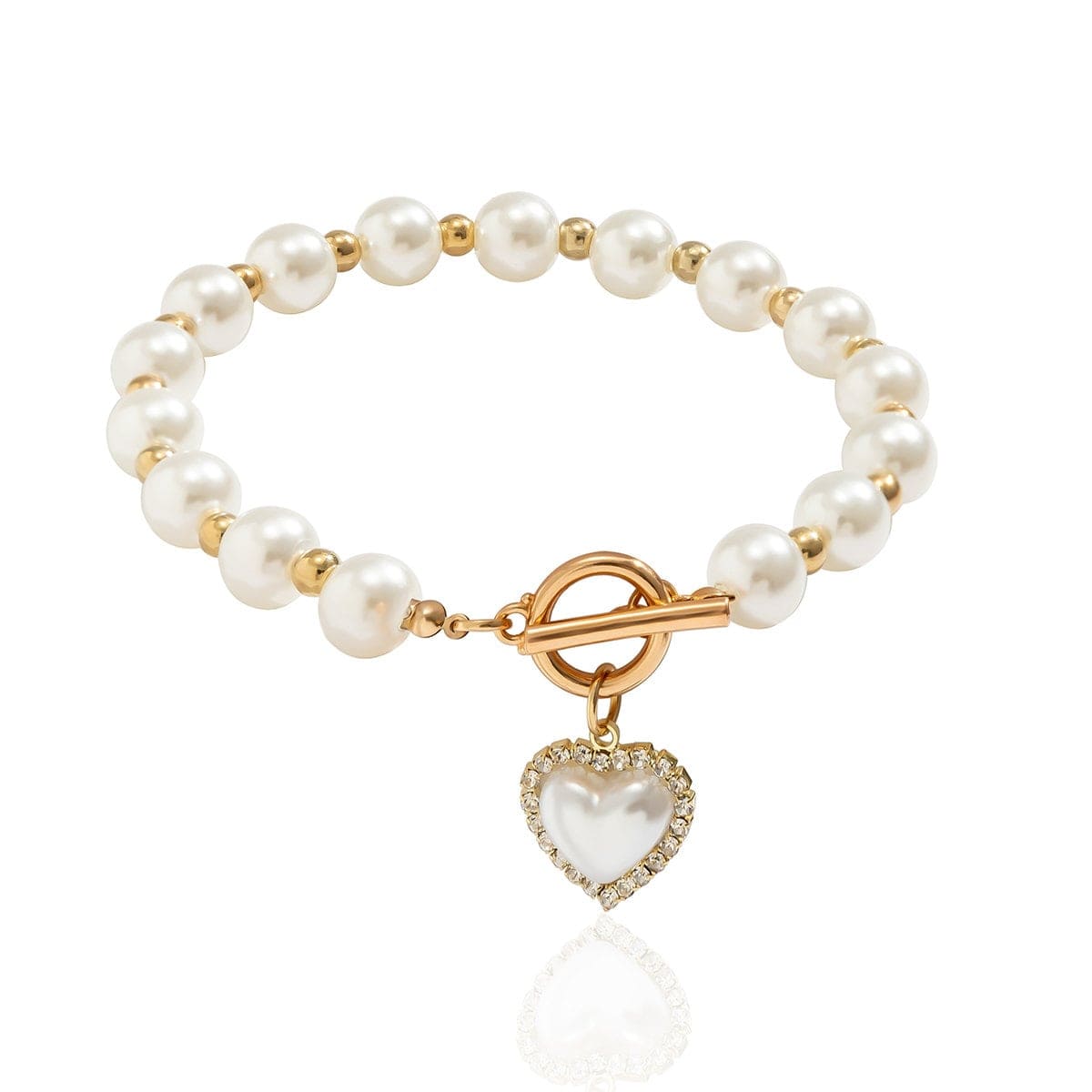 Trendy CZ Inlaid Heart Charm Toggle Clasp Pearl Chain Bracelet