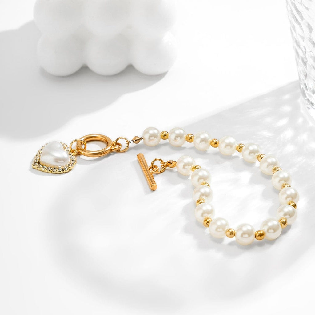 Trendy CZ Inlaid Heart Charm Toggle Clasp Pearl Chain Bracelet