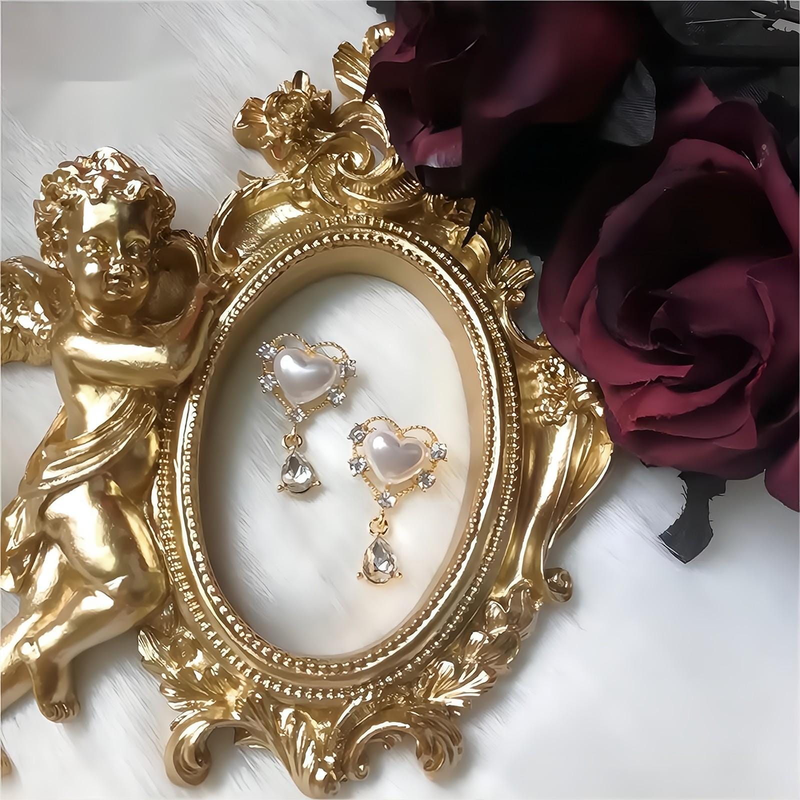 Trendy Dangling Rhinestone CZ Inlaid Pearl Heart Earrings