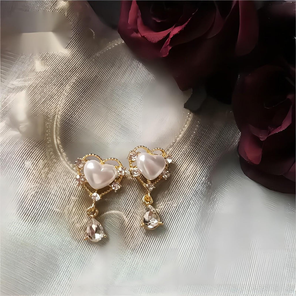 Trendy Dangling Rhinestone CZ Inlaid Pearl Heart Earrings