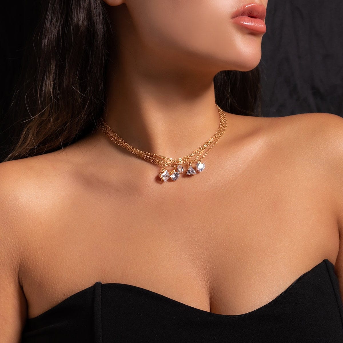 Trendy Layered Geometric Crystal Pendant Cable Chain Necklace Set
