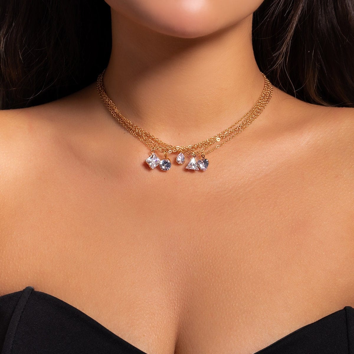 Trendy Layered Geometric Crystal Pendant Cable Chain Necklace Set