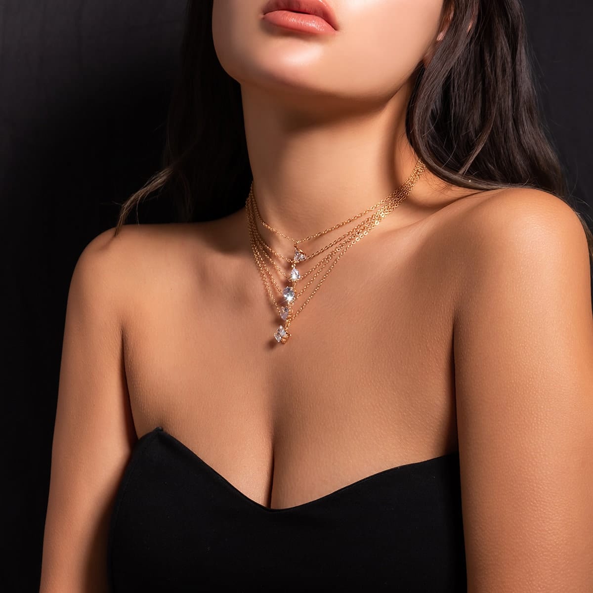 Trendy Layered Geometric Crystal Pendant Cable Chain Necklace Set