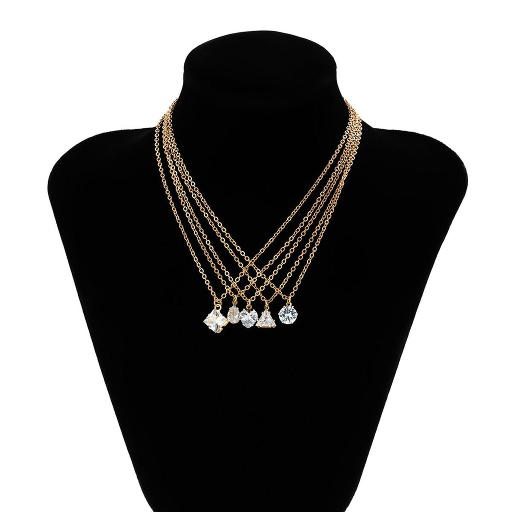 Trendy Layered Geometric Crystal Pendant Cable Chain Necklace Set