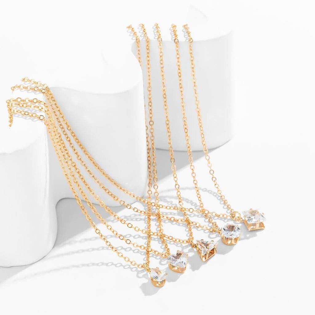 Trendy Layered Geometric Crystal Pendant Cable Chain Necklace Set