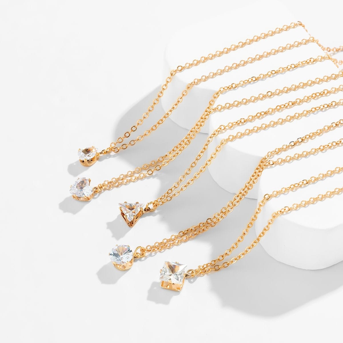 Trendy Layered Geometric Crystal Pendant Cable Chain Necklace Set