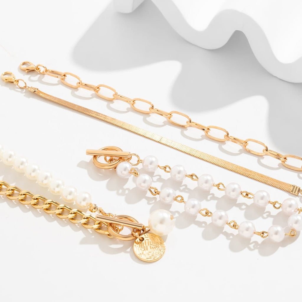 Trendy Toggle Clasp Round Disk Pearl Chain Stackable Bracelet Set