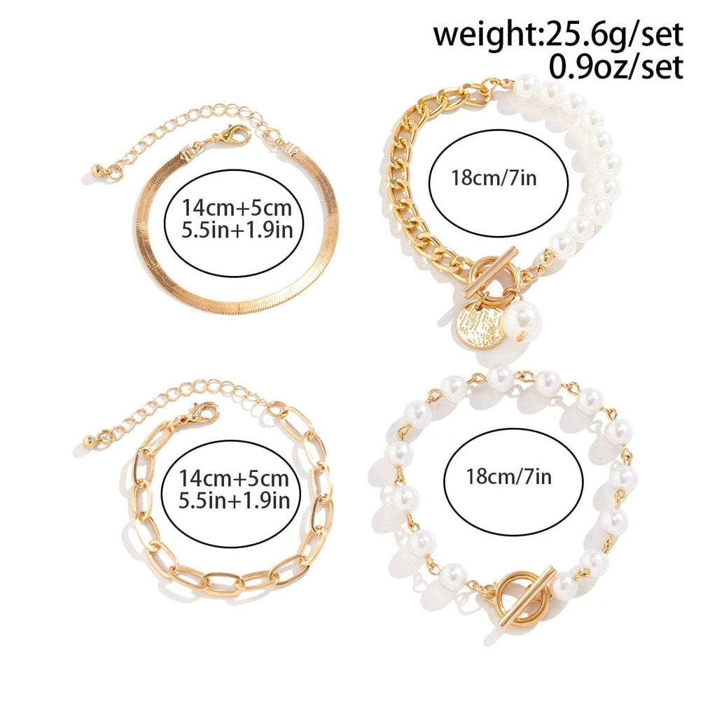 Trendy Toggle Clasp Round Disk Pearl Chain Stackable Bracelet Set